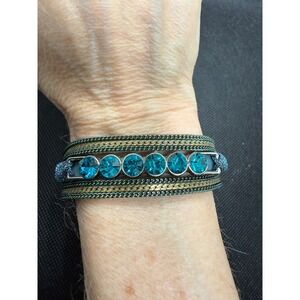 J Bloom Turquoise Crystal Multi Strand Magnetic Cuff Bracelet Teal Gold